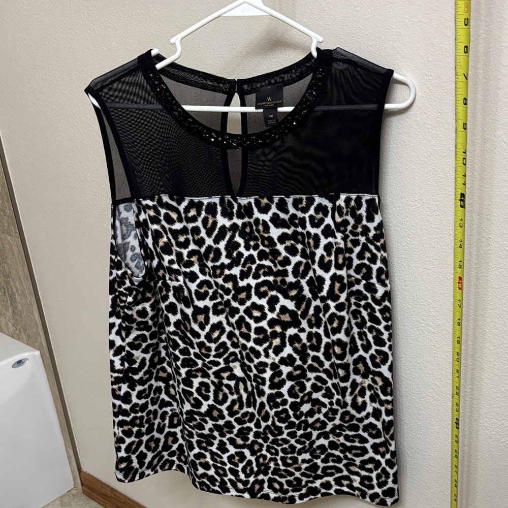 Worthington Woman Black Leopard Print Mesh Yoke Camisole